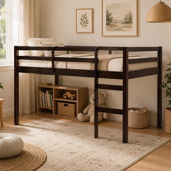 Miniyam Twin Loft Bed for Kids, Solid Wood Frame with Ladder and Guardrails, Space-Saving Design, Espresso