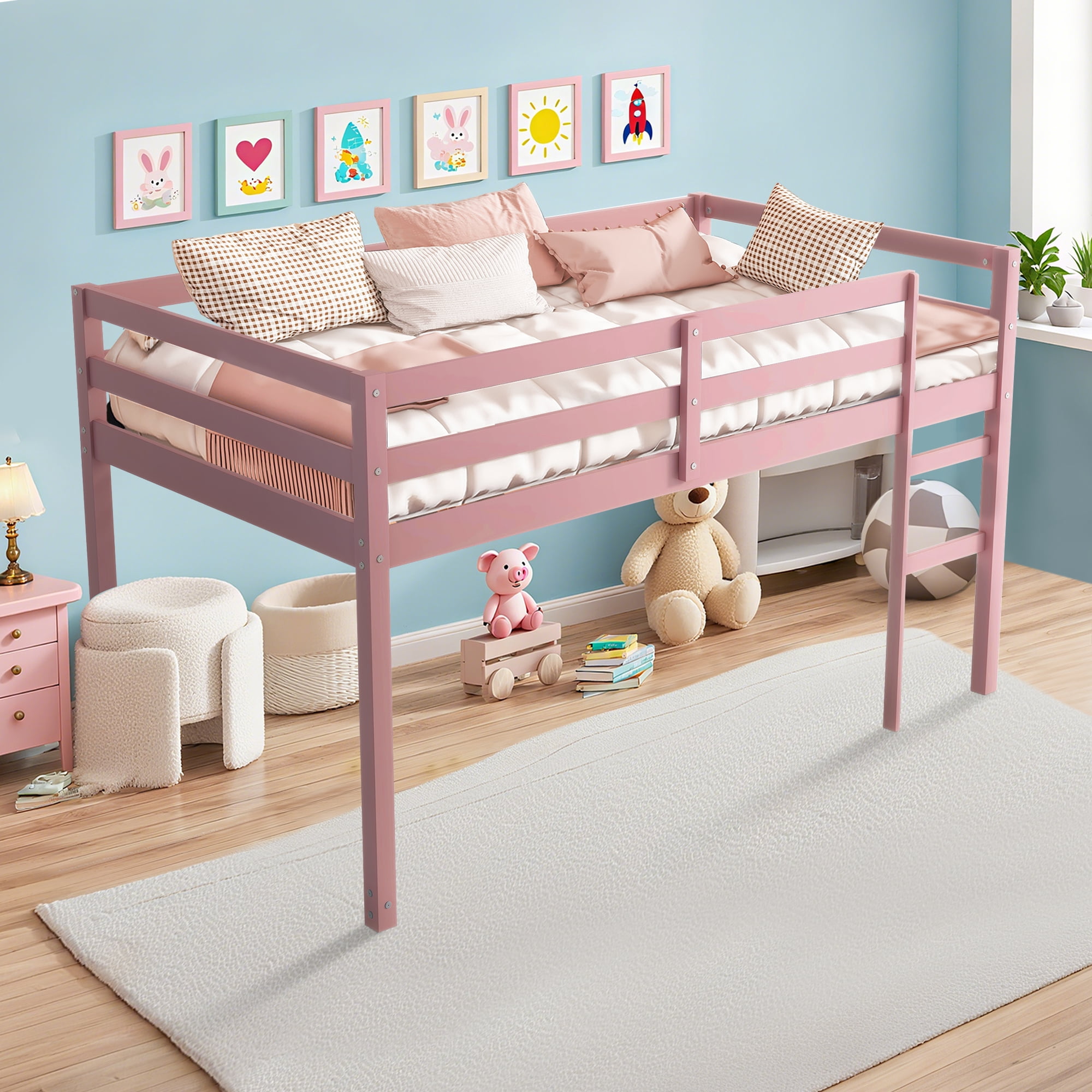 Miniyam Twin Loft Bed for Kids, Solid Wood Frame with Ladder and Guardrails, Space-Saving Design, Pink