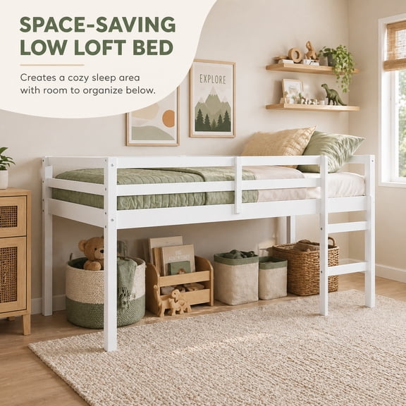 Miniyam Twin Loft Bed for Kids, Solid Wood Frame with Ladder and Guardrails, Space-Saving Design, White