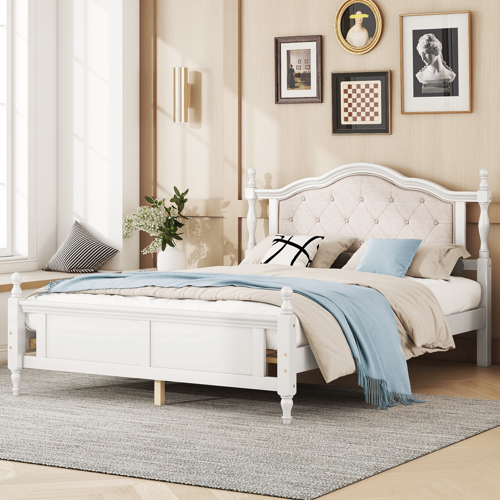 Miniyam Wood Queen Size Bed with Tufted Upholstered Headboard for Adult, White
