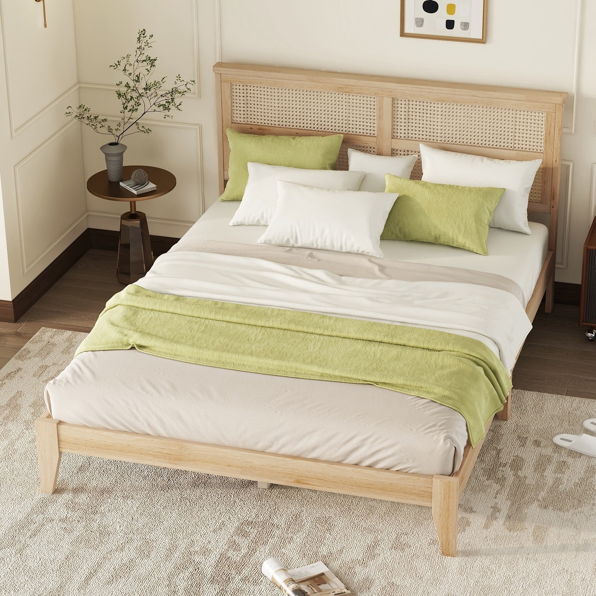 Miniyam Wood Queen Size Bed with with Rattan Headboard for Adult, Brown