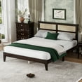 thumbnail image 1 of Miniyam Wood Queen Size Bed with with Rattan Headboard for Adult, Espresso, 1 of 7