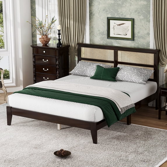 Miniyam Wood Queen Size Bed with with Rattan Headboard for Adult, Espresso