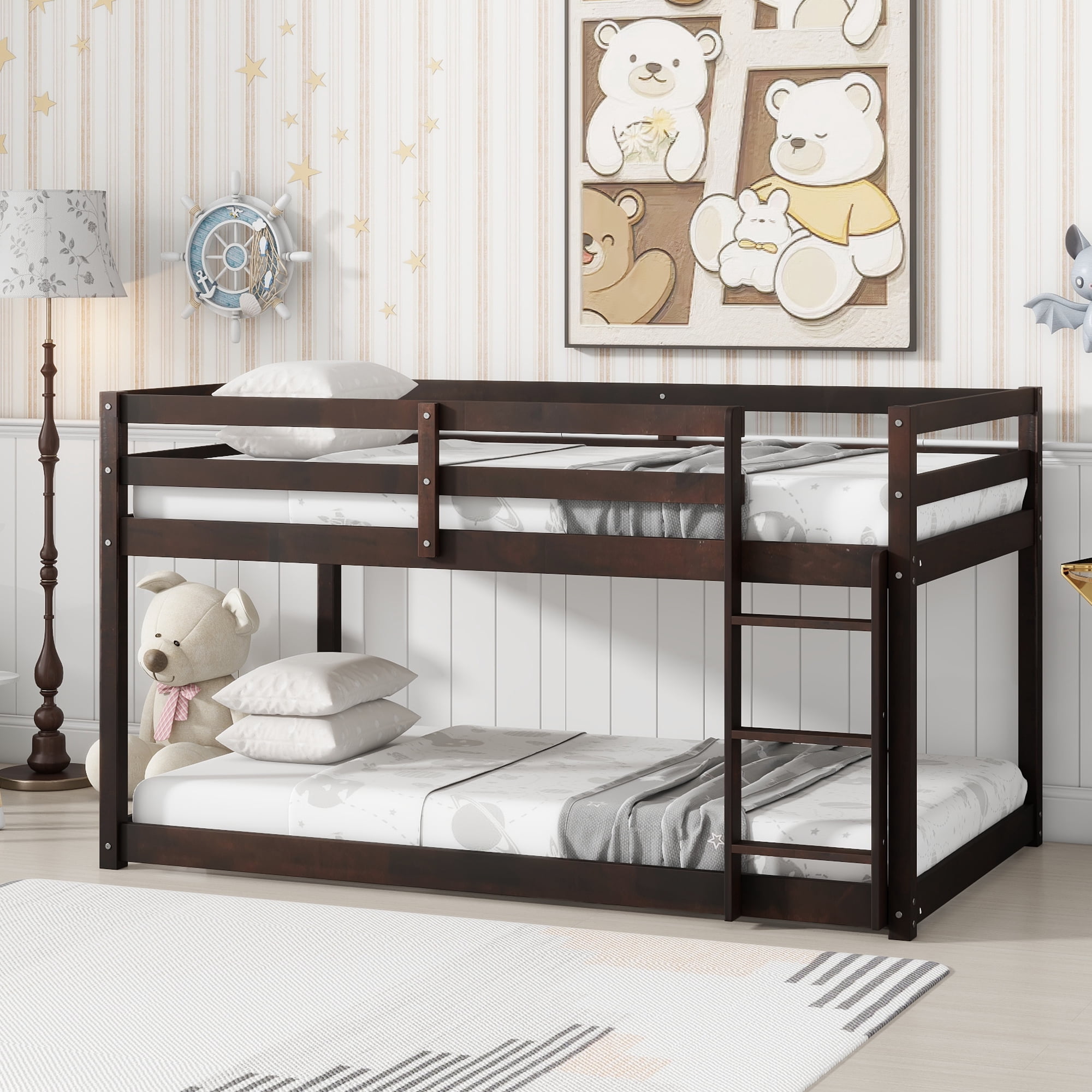 Miniyam Wood Twin over Twin Floor Bunk Bed with Ladder and Guardrails, Espresso