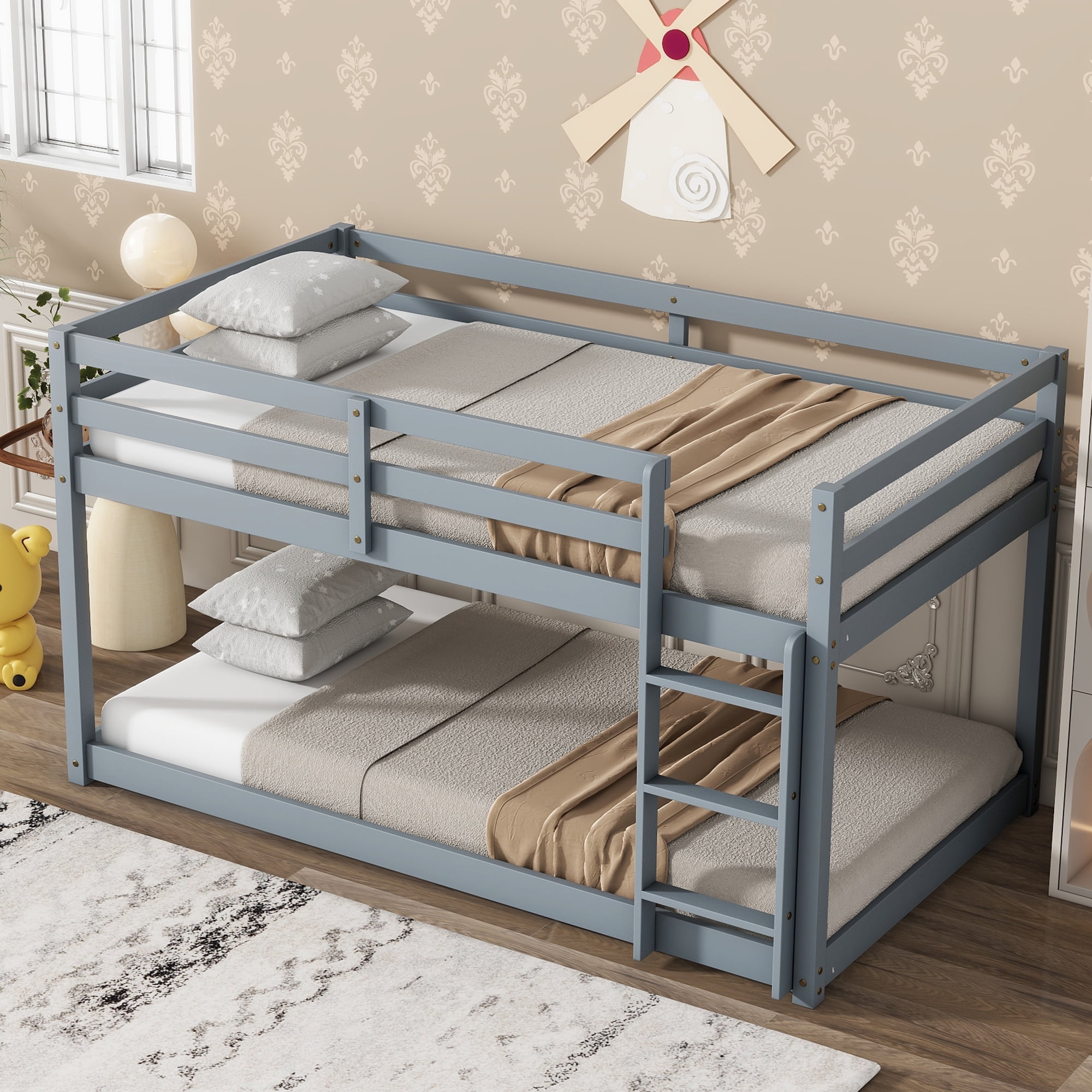 Miniyam Wood Twin Over Twin Bunk Bed for Kids, Light Gray