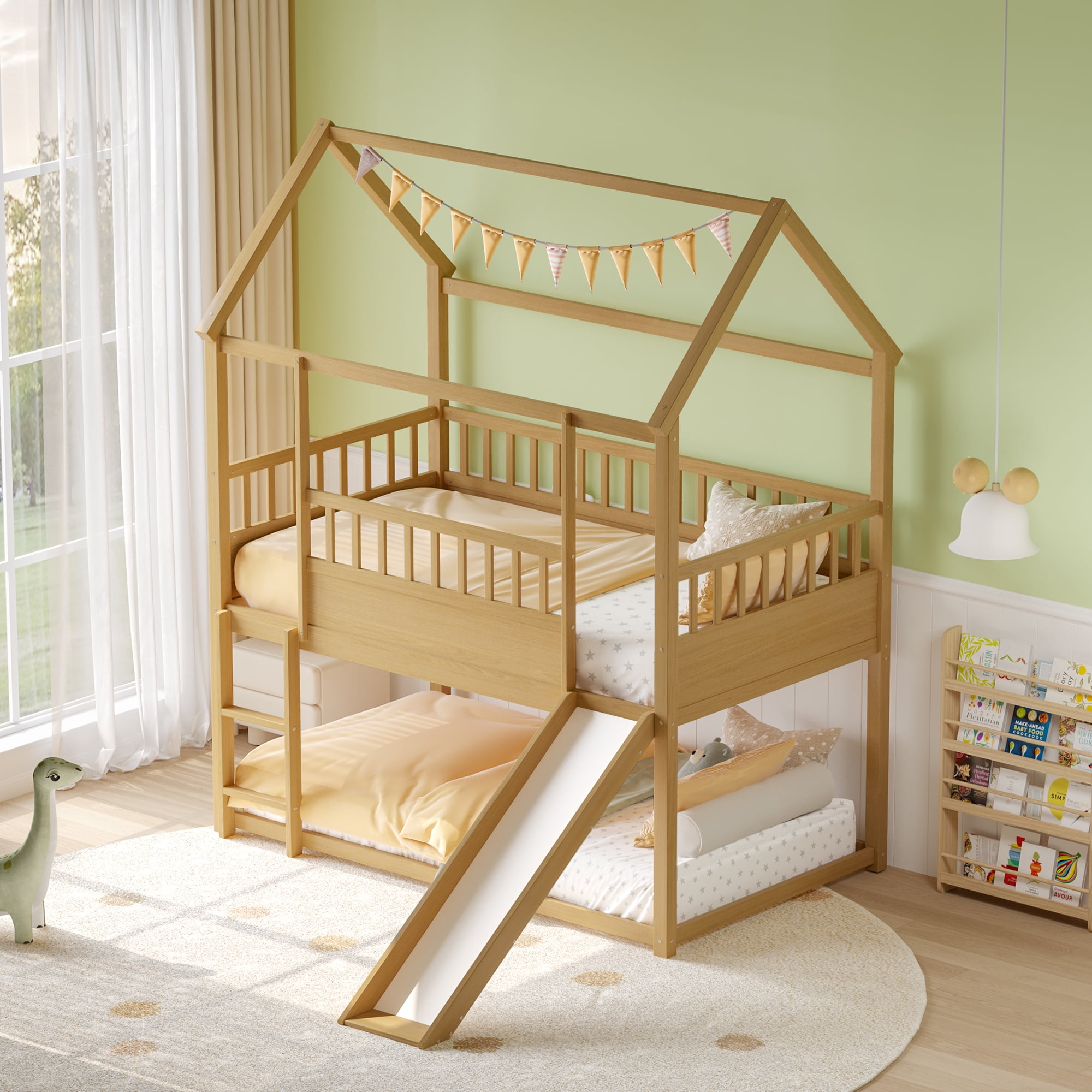 Miniyam Wood Twin Over Twin House Bunk Bed with Slide & Guardrail for Kids, Natural