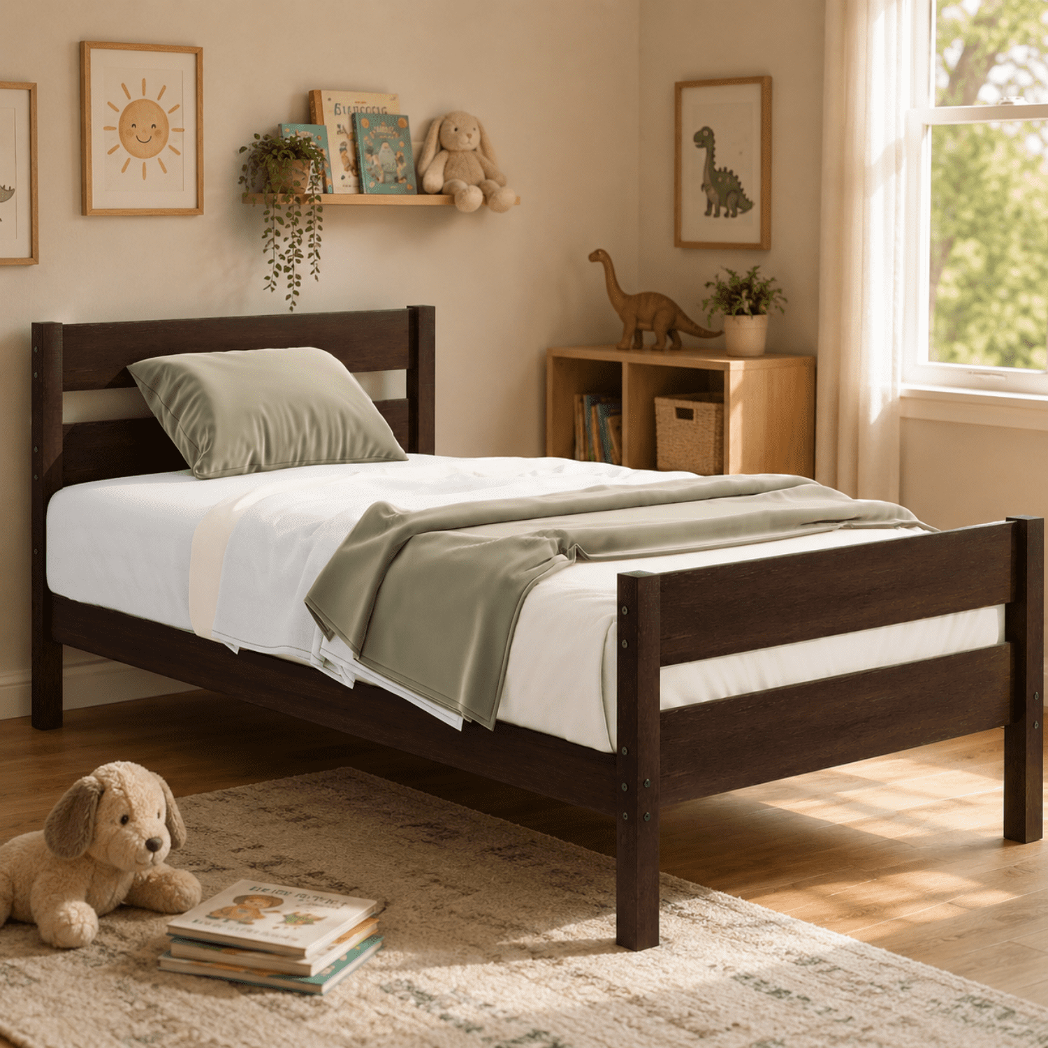 Miniyam Twin Bed Frame, Solid Rubber Wood Platform Bed with Headboard and Footboard, Espresso
