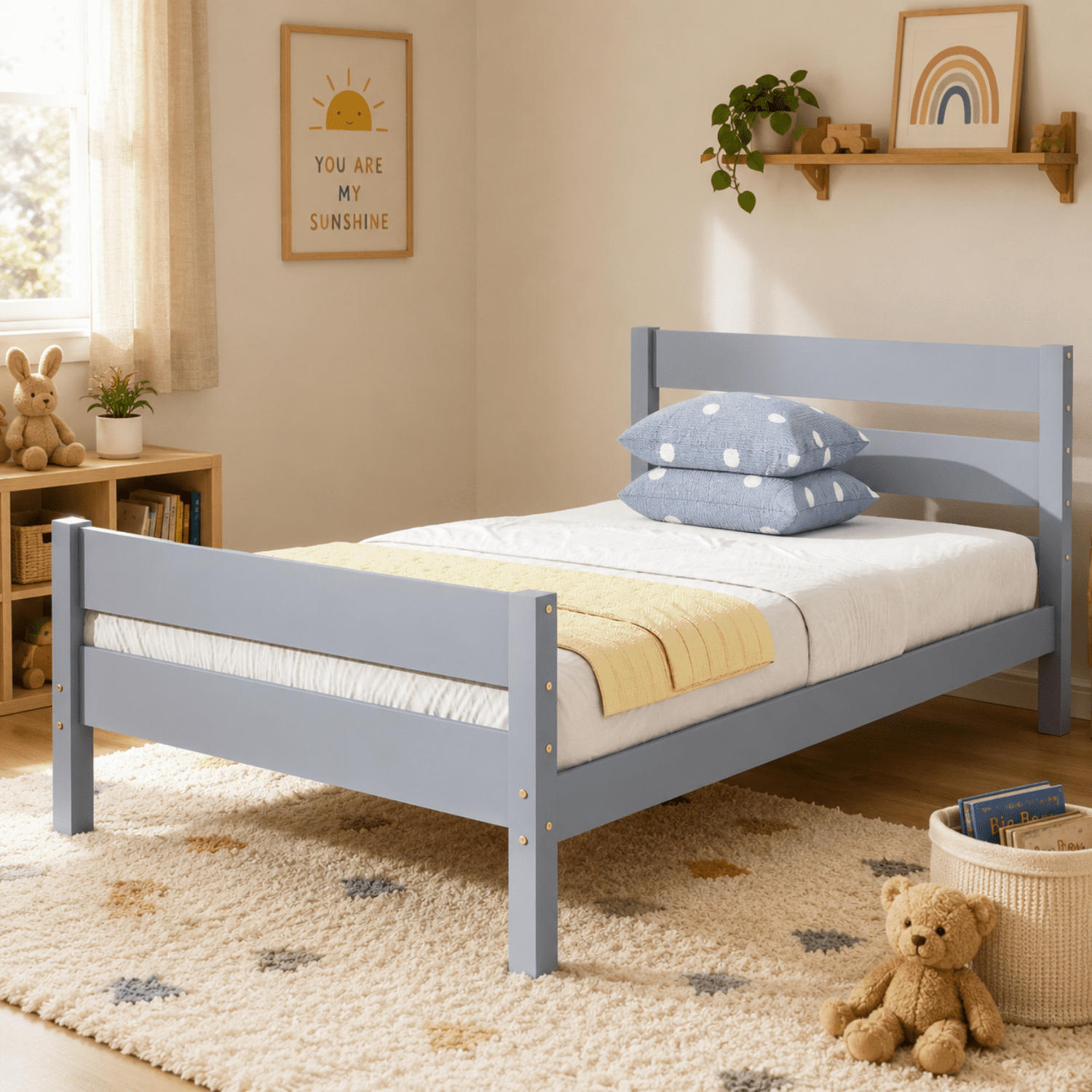 Miniyam Twin Bed Frame, Solid Rubber Wood Platform Bed with Headboard and Footboard, Gray