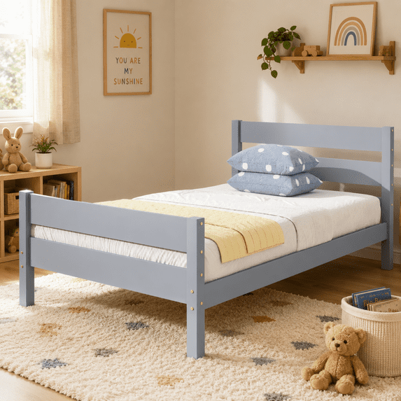 Miniyam Twin Bed Frame, Solid Rubber Wood Platform Bed with Headboard and Footboard, Gray