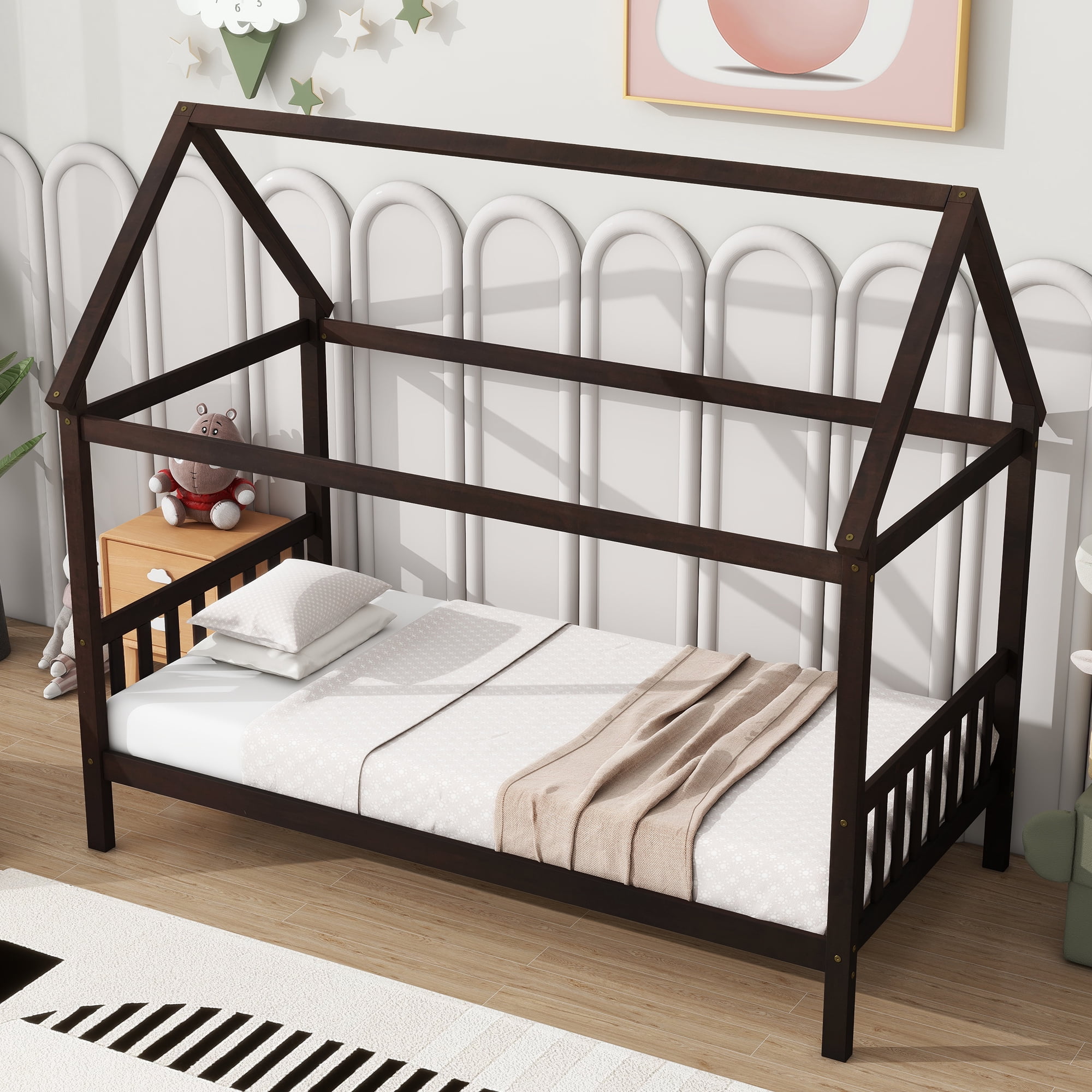 Miniyam Wood Twin Size Bed with House-shaped Design for Kids and Teens, Espresso