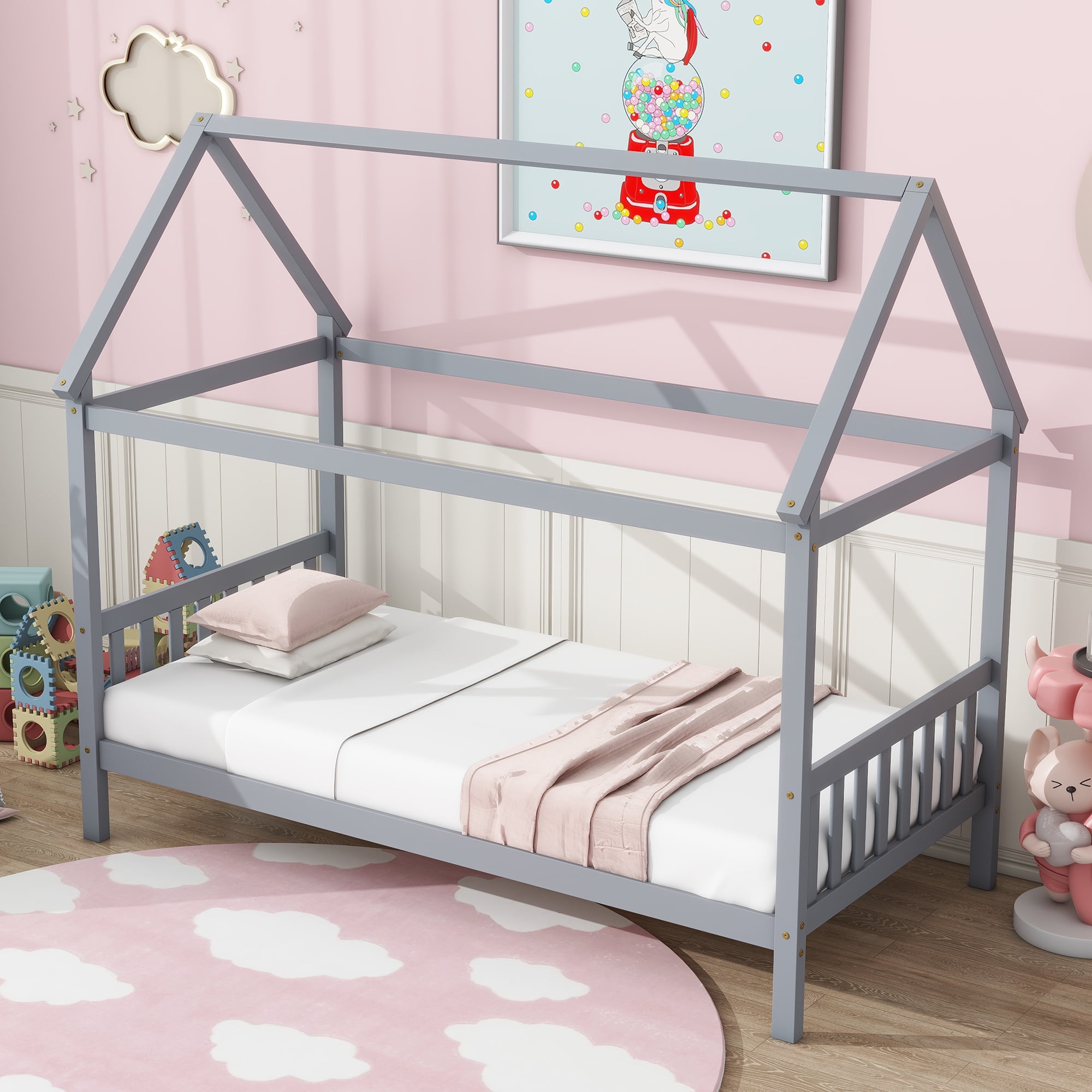 Miniyam Wood Twin Size Bed with House-shaped Design for Kids and Teens, Gray