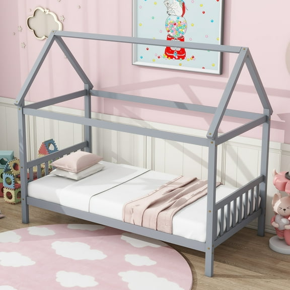 Miniyam Wood Twin Size Bed with House-shaped Design for Kids and Teens, Gray