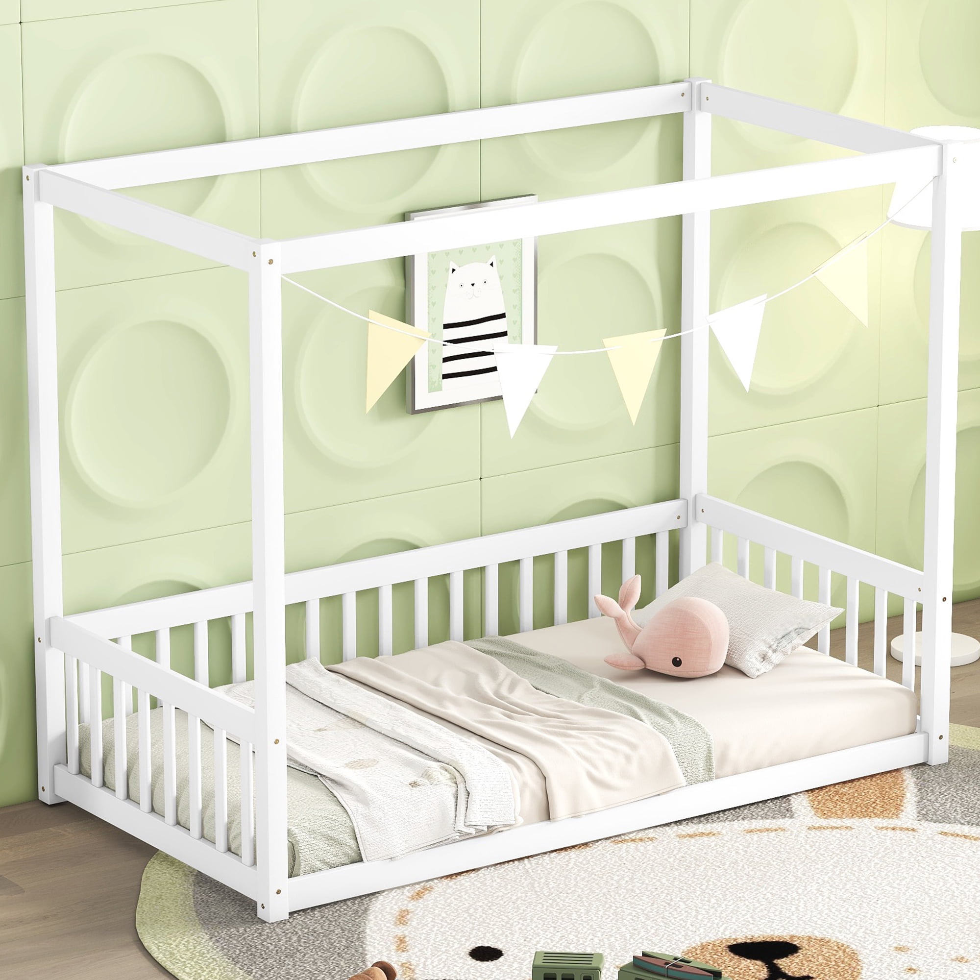 Miniyam Wood Twin Size Canopy Floor Bed with Guardrails for Kids and Teens, White