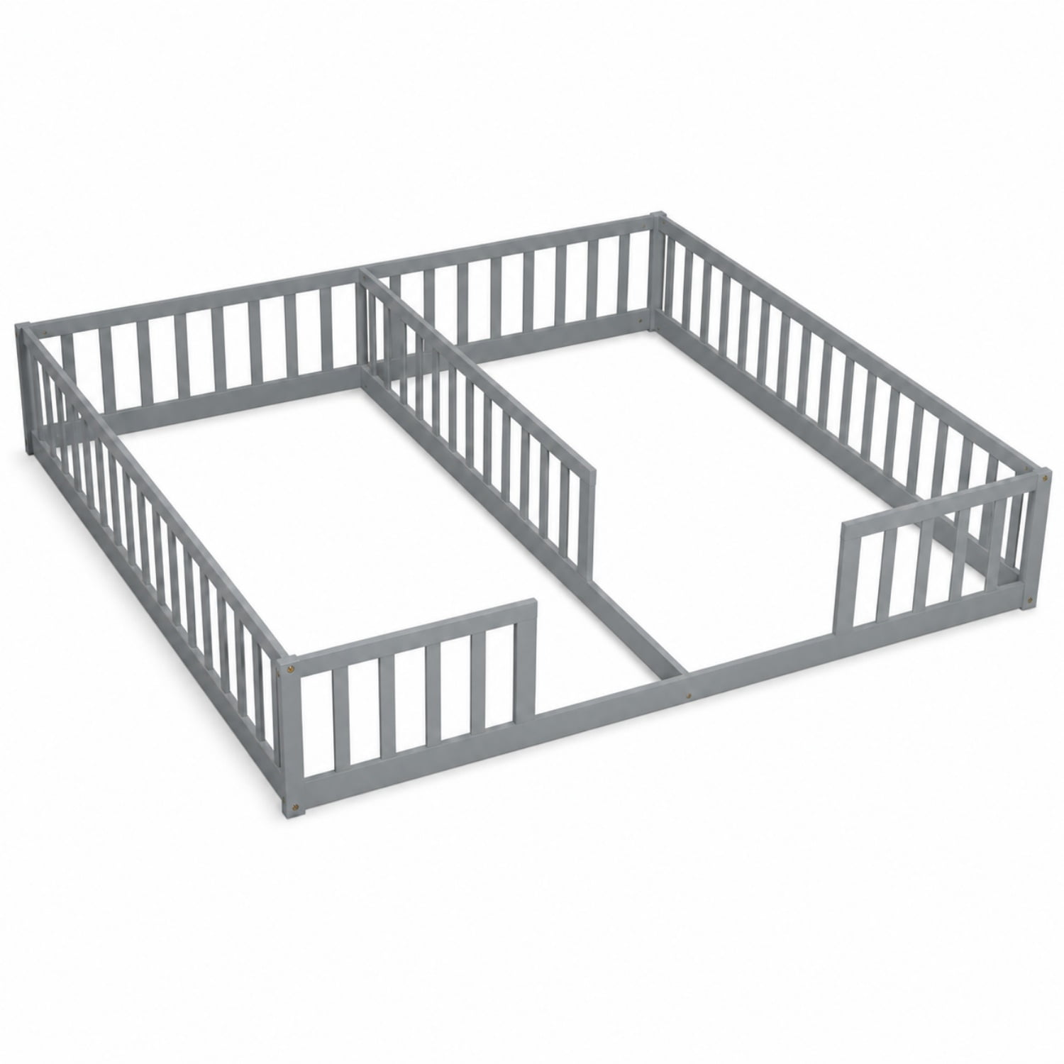 Miniyam Double Twin Floor Bed for Kids, Wood Bed Frame with Guardrails, Low Profile Design, Gray