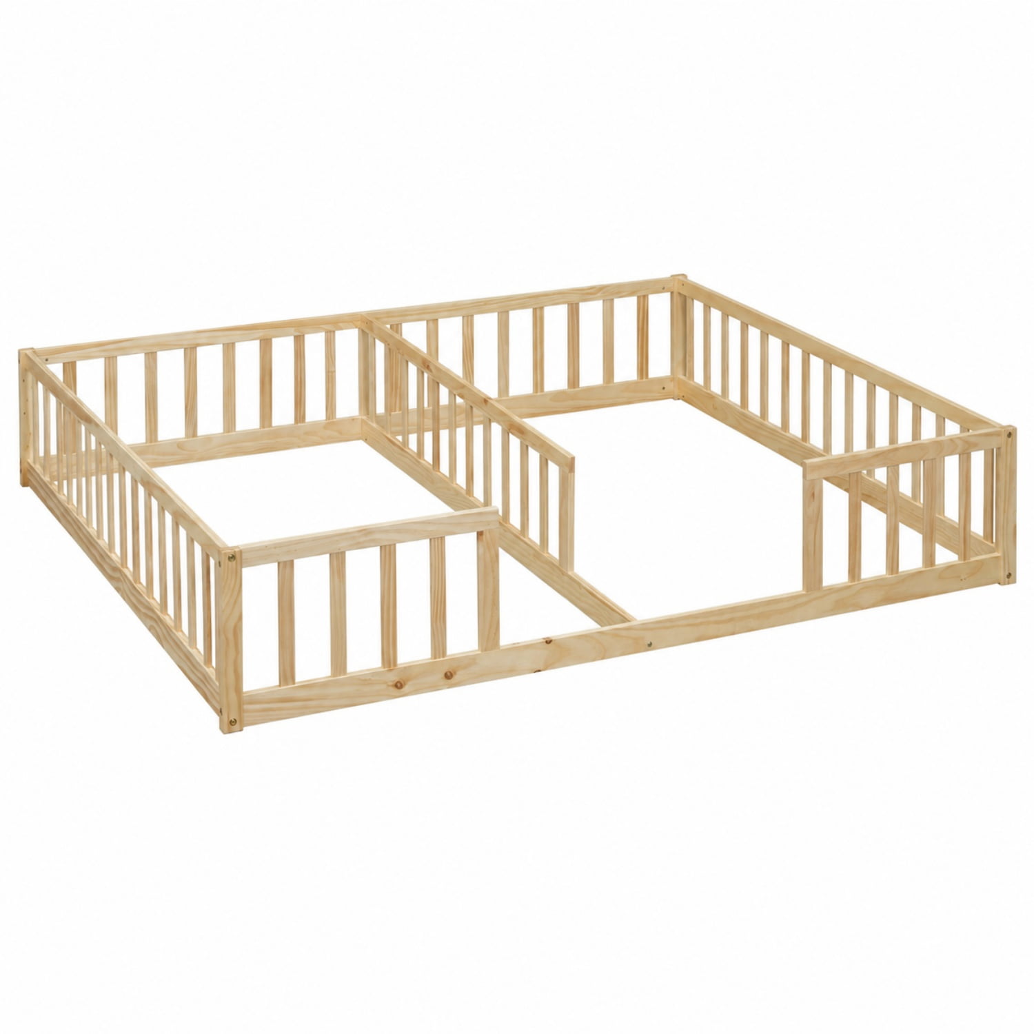 Miniyam Double Twin Floor Bed for Kids, Wood Bed Frame with Guardrails, Low Profile Design, Natural