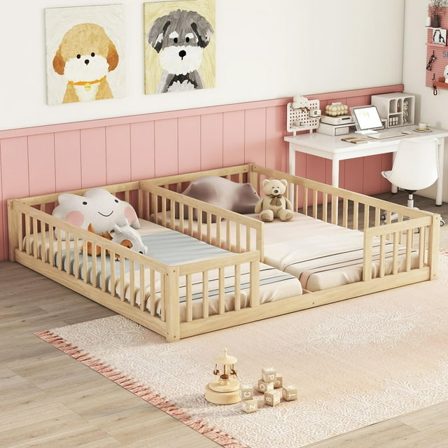 Miniyam Wood Twin Size Double Floor Bed with Guardrails for Toddler, Natural