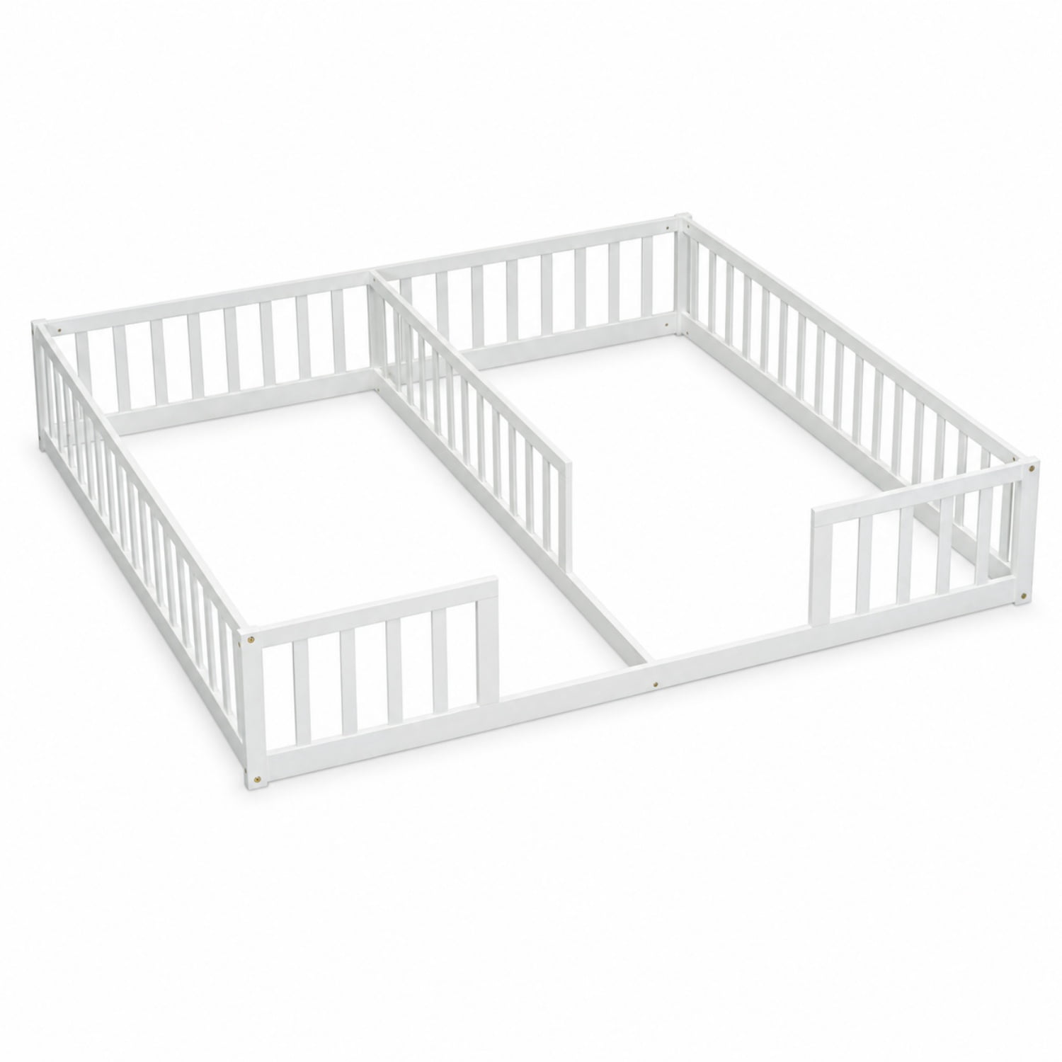 Miniyam Double Twin Floor Bed for Kids, Wood Bed Frame with Guardrails, Low Profile Design, White