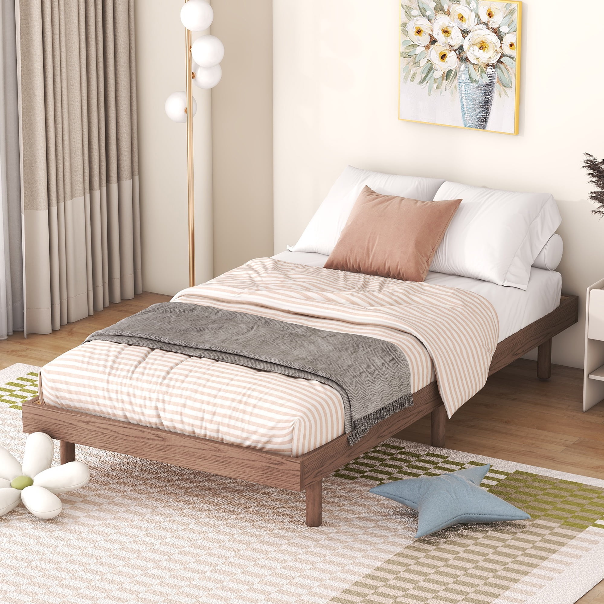Miniyam Wood Twin Size Floating Bed for Kids and Teens, Walnut