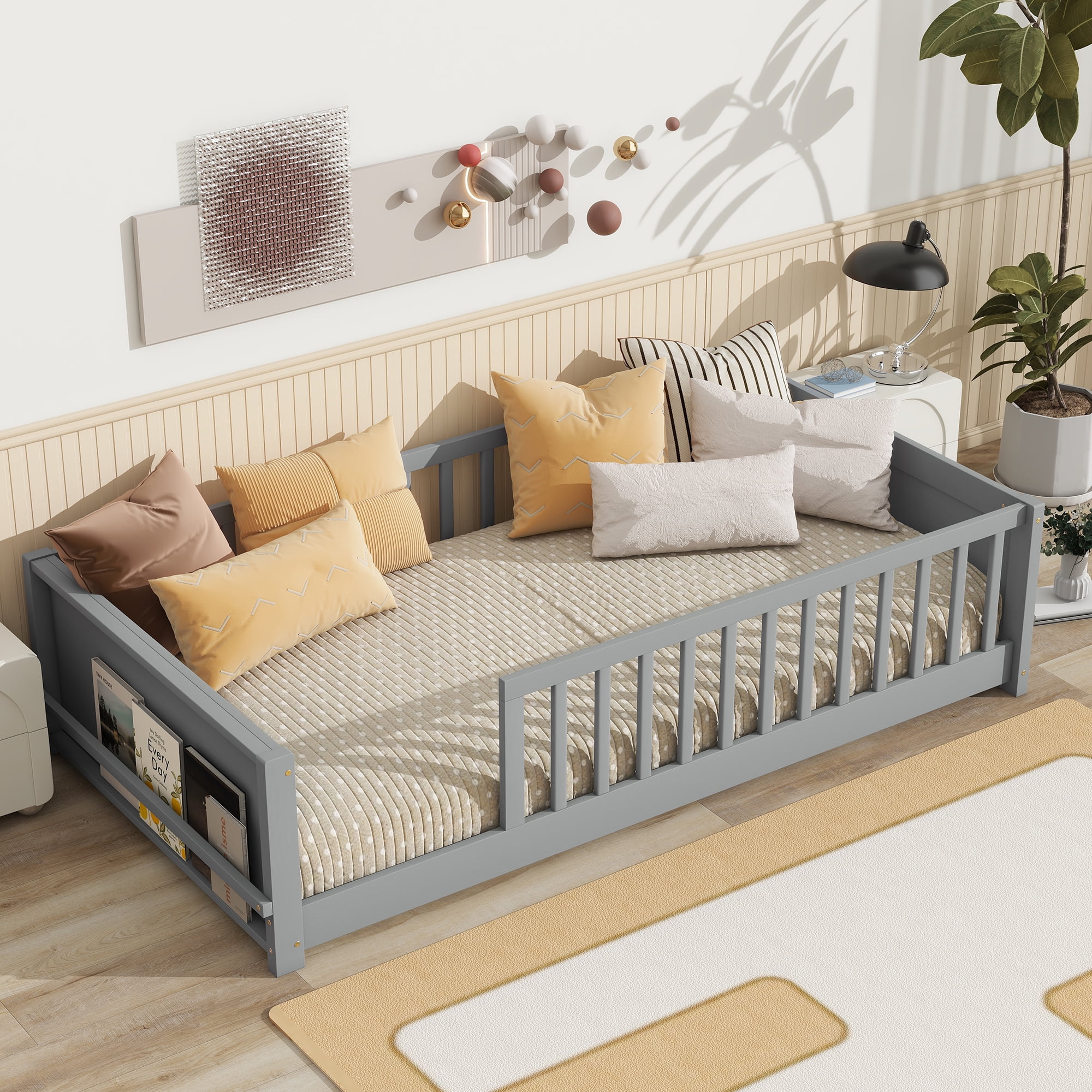 Miniyam Wood Twin Size Floor Bed with Built-in Book Storage Rack for Toddler, Gray