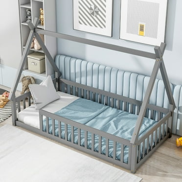 Miniyam Wood Twin Size Floor Bed with Guardrails for Toddler,  Gray
