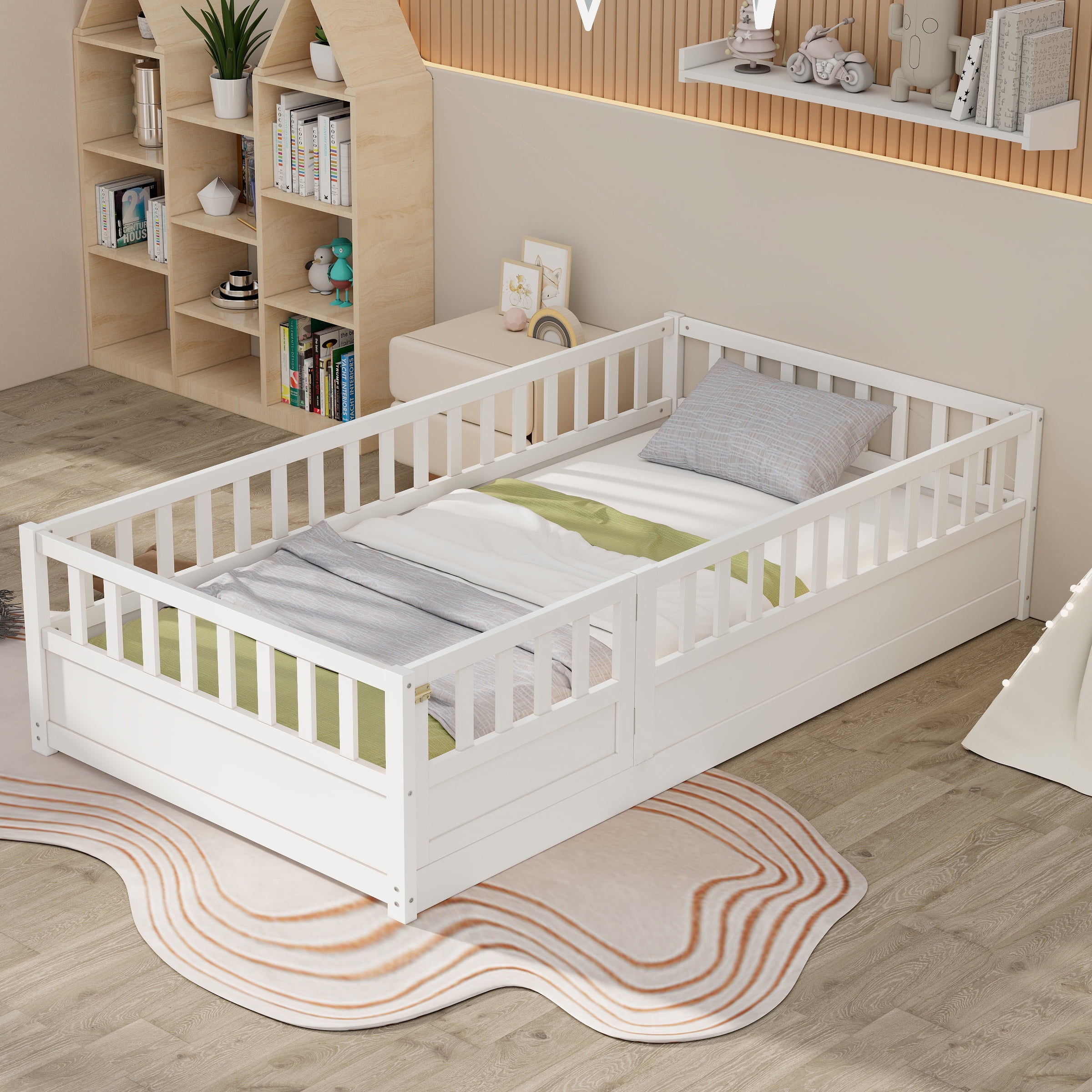 Miniyam Wood Twin Size Floor Bed with High Guardrail, White