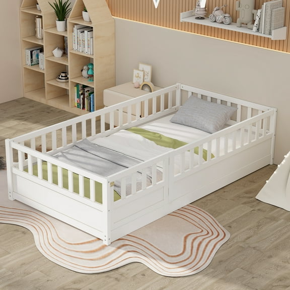 Miniyam Wood Twin Size Floor Bed with High Guardrail, White