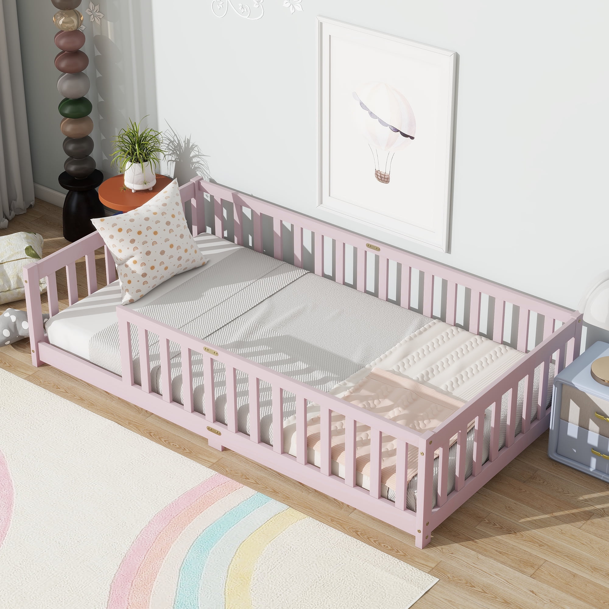 Miniyam Wooden Twin Size Floor Bed with Safety Fence for Kids, Pink