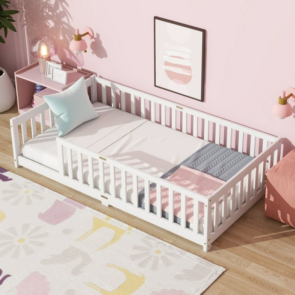 Miniyam Wooden Twin Size Floor Bed with Safety Fence for Kids, White
