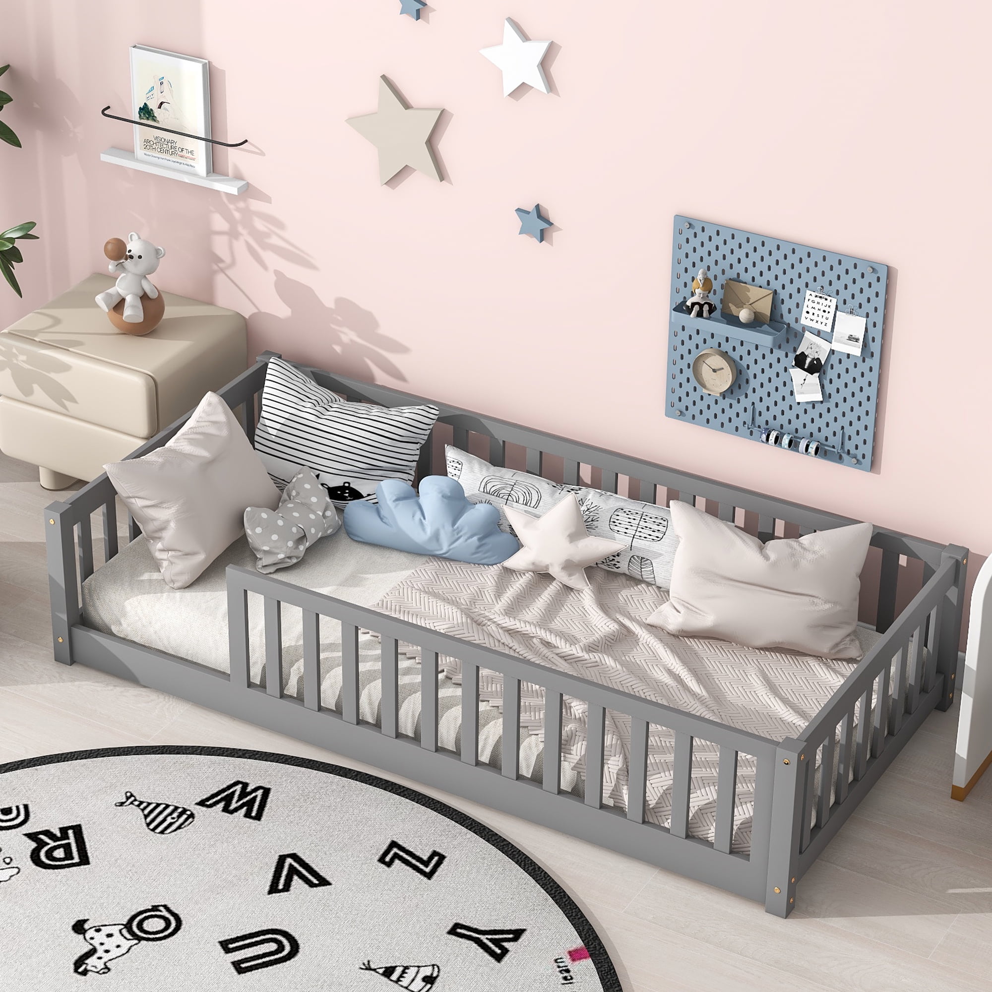 Miniyam Kids Floor Bed Frame with Rails, Montessori Platform Bed with Slats for Nursery, Gray