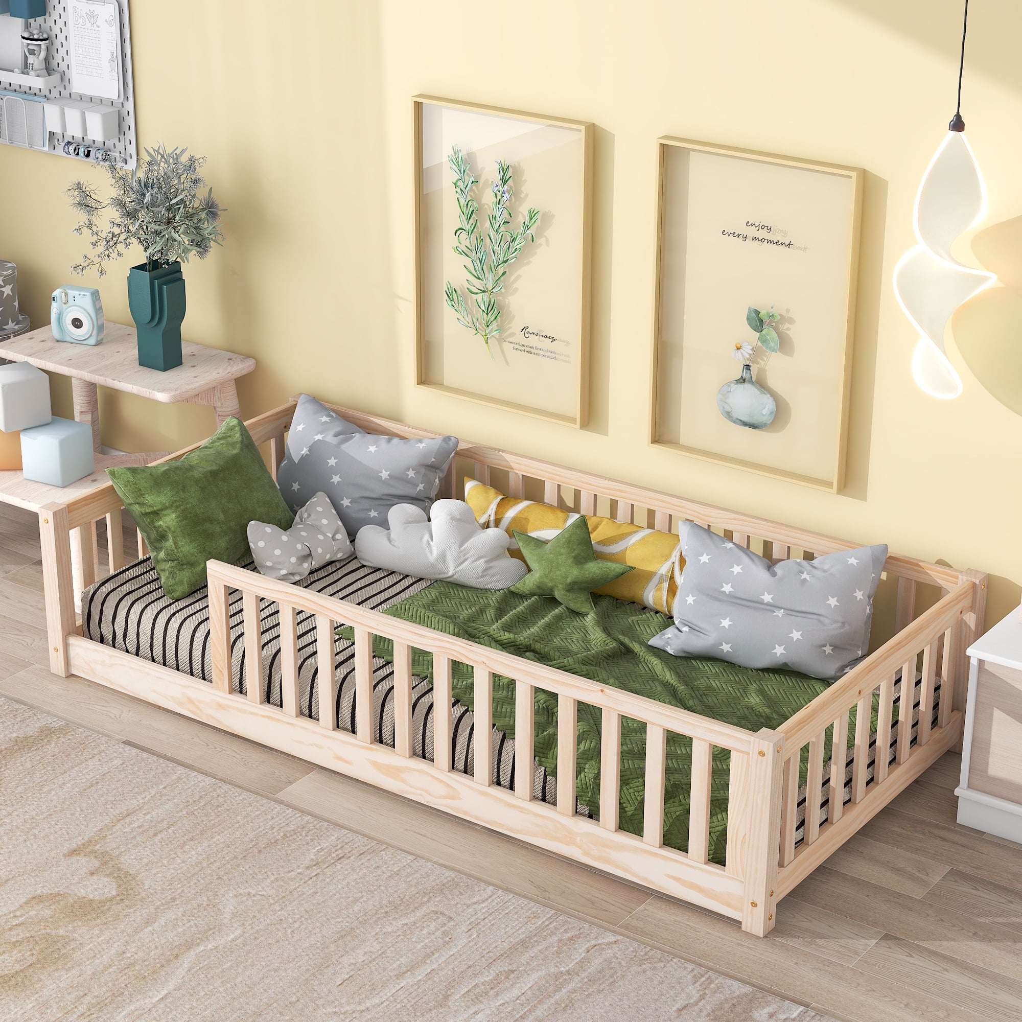 Miniyam Wood Twin Size Floor Bed with Safety Guardrails, Montessori Bed for Toddler, Natural