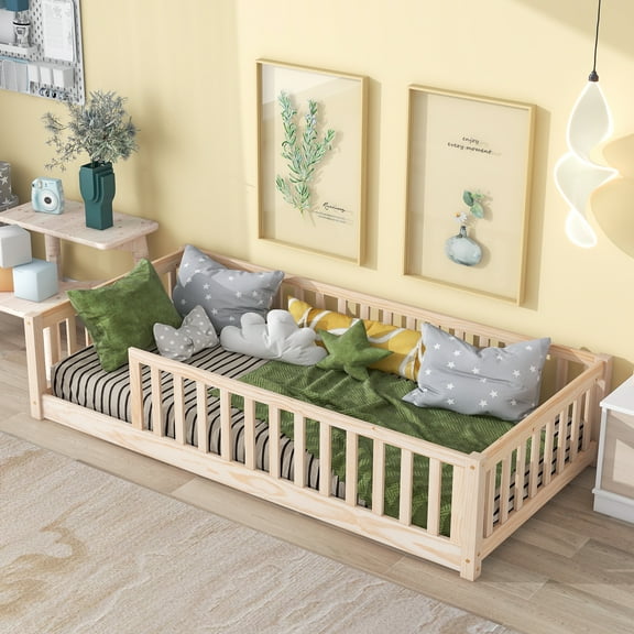 Miniyam Wood Twin Size Floor Bed with Safety Guardrails, Montessori Bed for Toddler, Natural