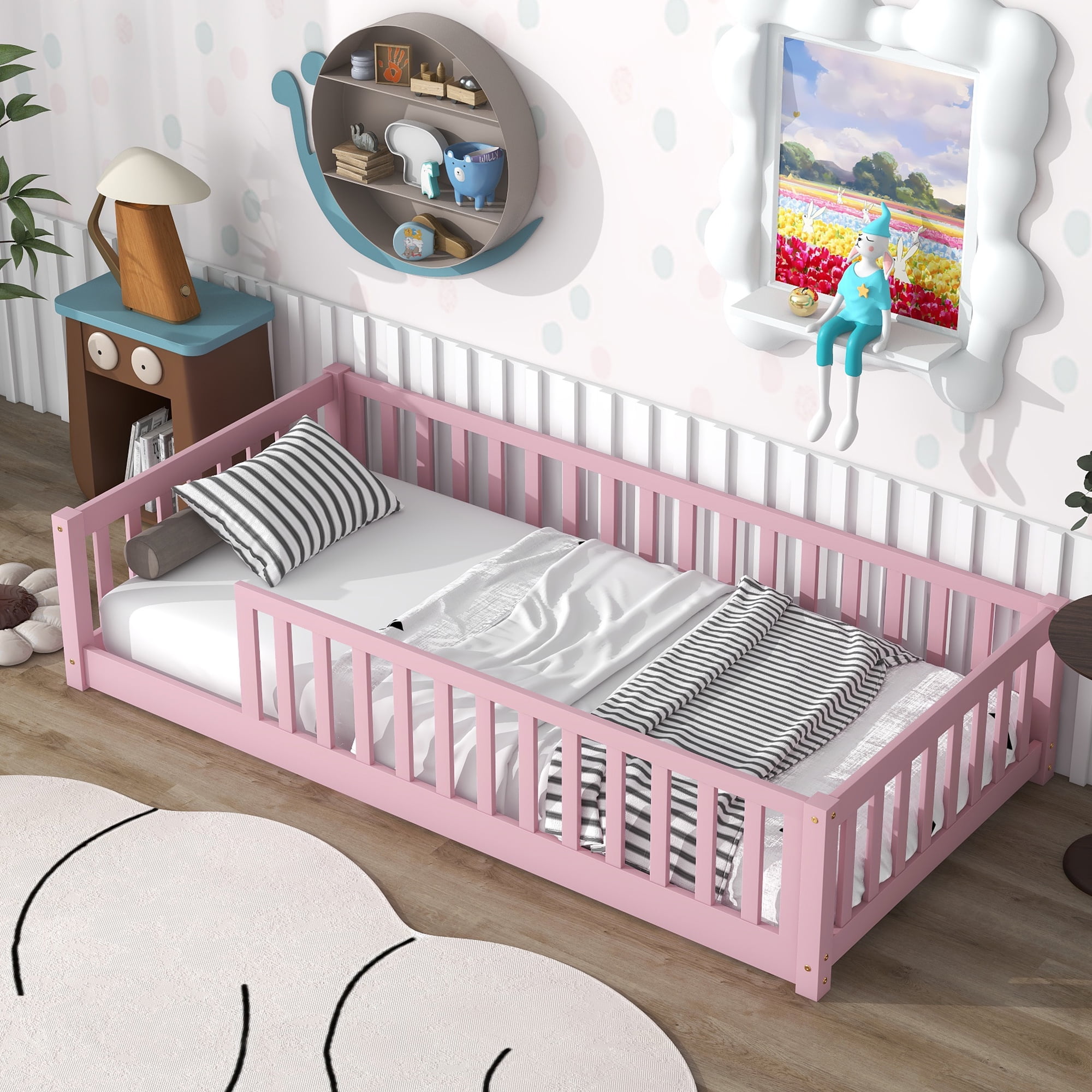 Miniyam Kids Floor Bed Frame with Rails, Montessori Platform Bed with Slats for Nursery, Pink
