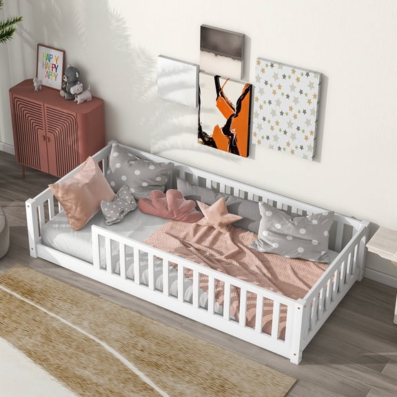 Miniyam Wood Twin Size Floor Bed with Safety Guardrails, Montessori Bed for Toddler, White