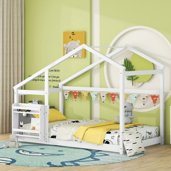 Miniyam Wood Twin Size Floor Bed with Shelf for Kids, Roof Designed, White