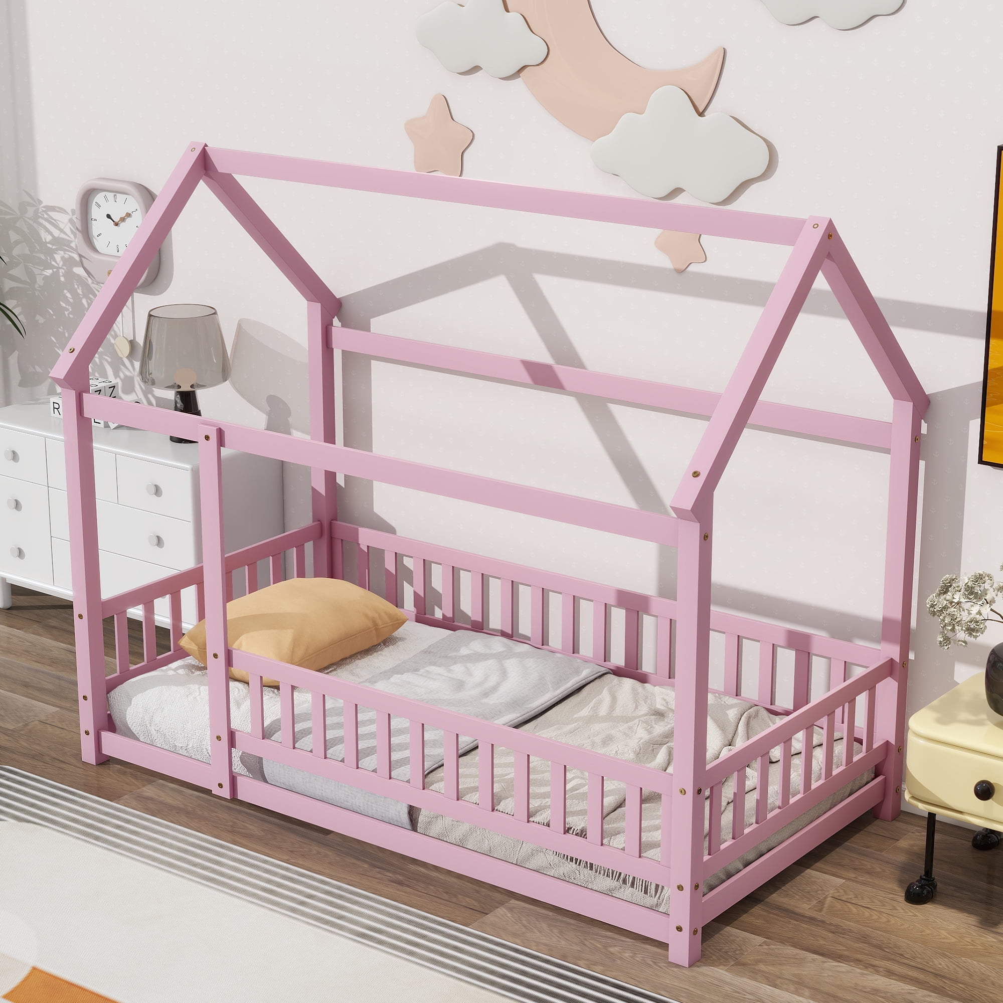 Miniyam Kids Twin Montessori House Floor Bed with Fence, Wood Roof Frame, Pink
