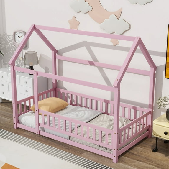 Miniyam Wood Twin Size Floor House Bed with Fence for Kids, Pink