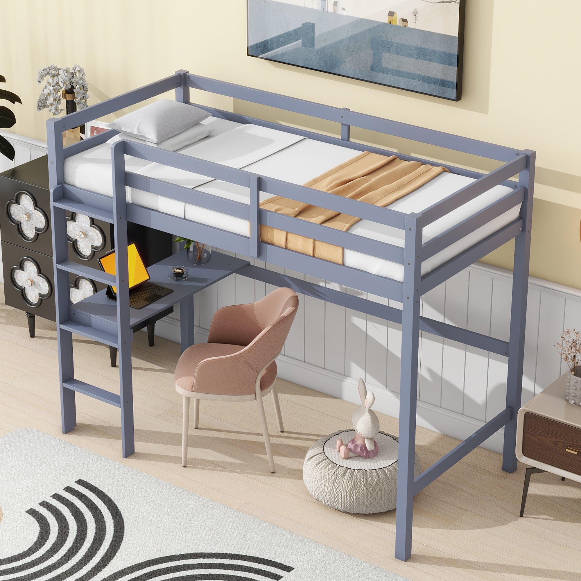Miniyam Kids Loft Bed with Desk, Wood Loft Bed Frame with Guardrails, Ladder and Slats, Gray