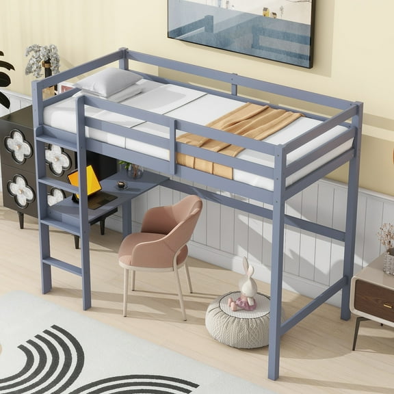 Miniyam Wood Twin Size High Loft Bed with Desk for Kids and Teens , Built-in Desk, Gray