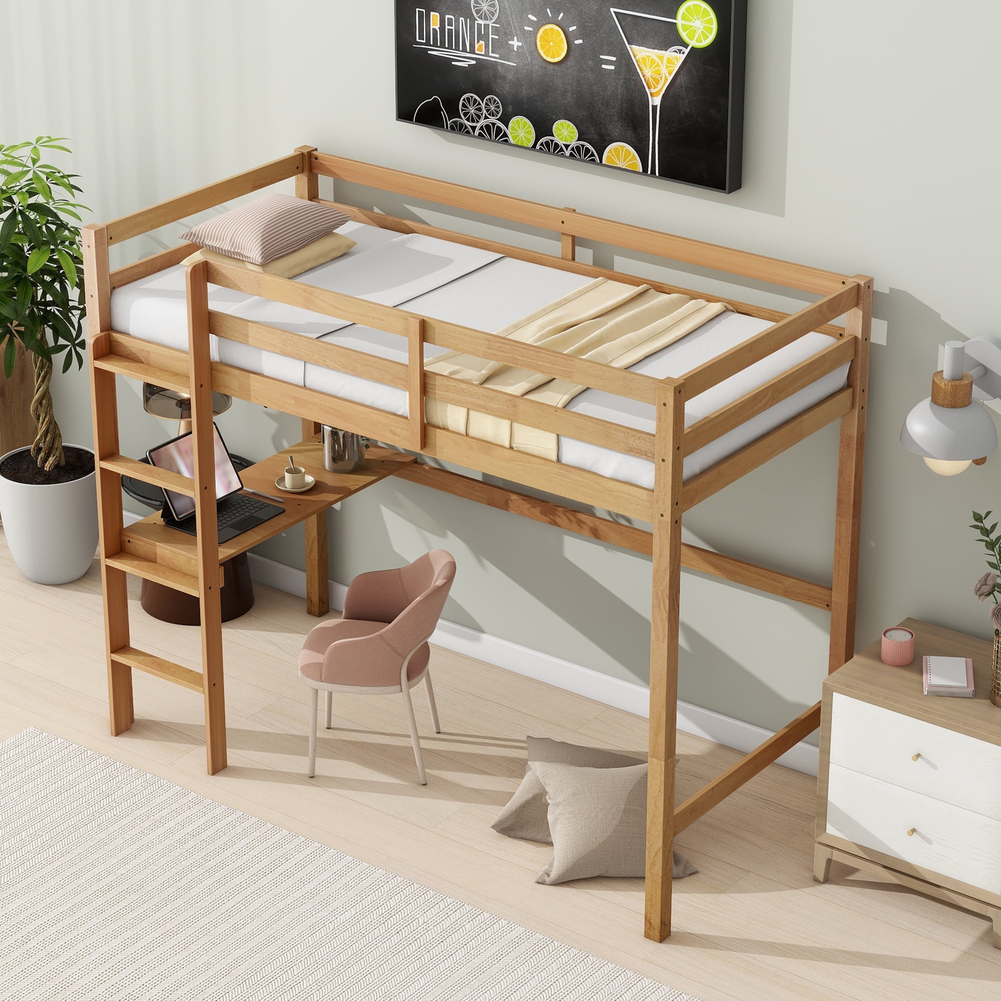 Miniyam Kids Loft Bed with Desk, Wood Loft Bed Frame with Guardrails, Ladder and Slats, Oak