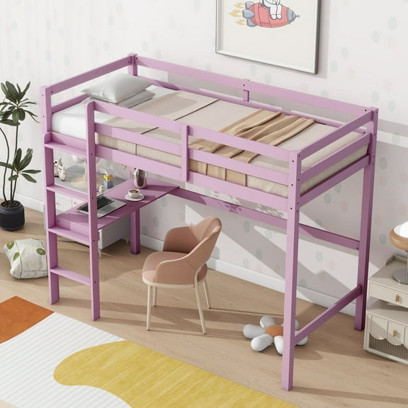 Miniyam Wood Twin Size High Loft Bed with Desk for Kids and Teens , Built-in Desk, Pink