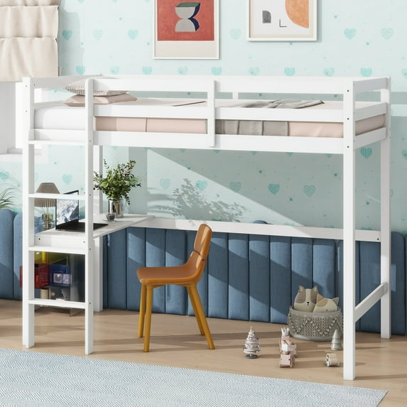 Miniyam Wood Twin Size High Loft Bed with Desk for Kids and Teens , Built-in Desk, White