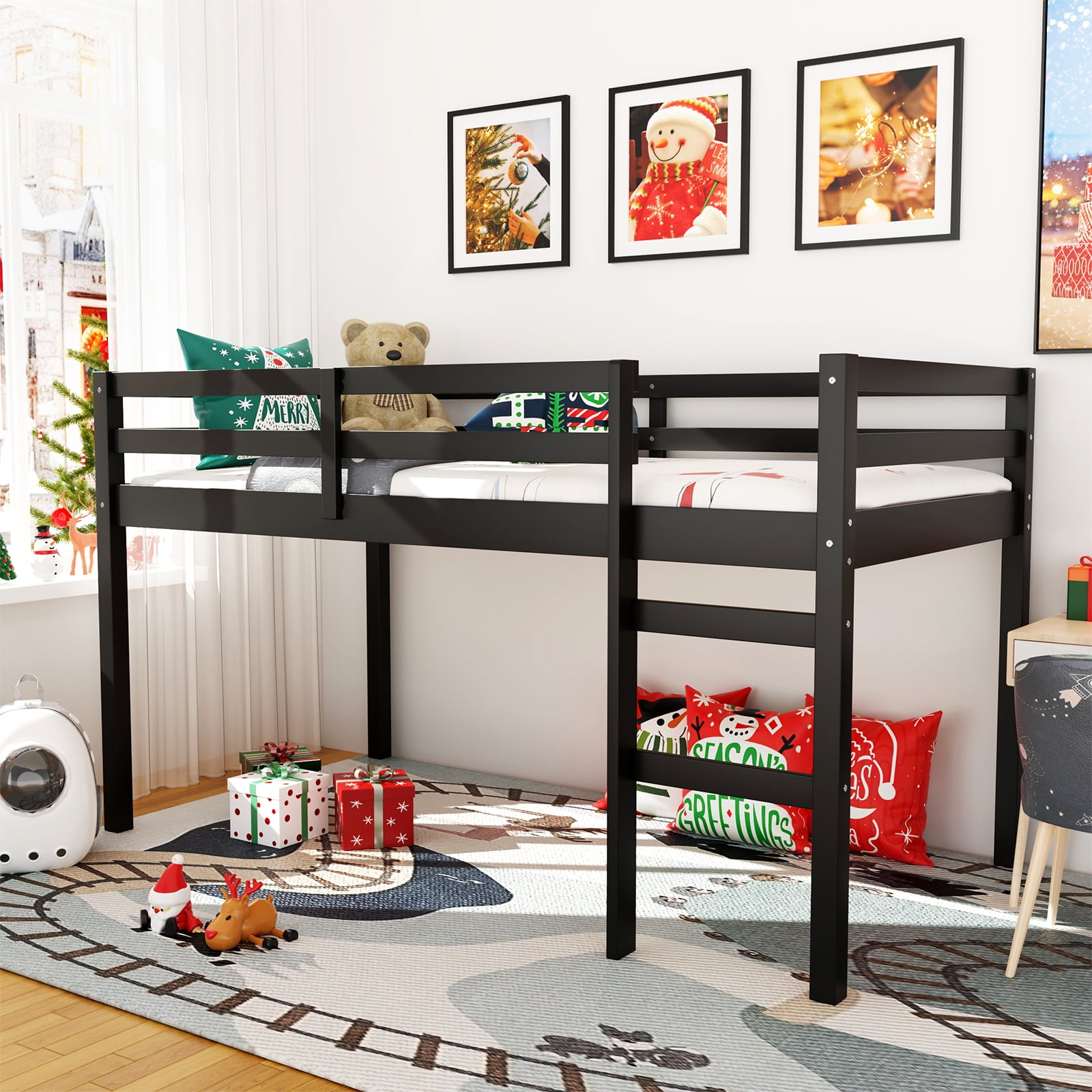 Miniyam Wood Twin Size Loft Bed for Kids, Space-Saving Design, Black
