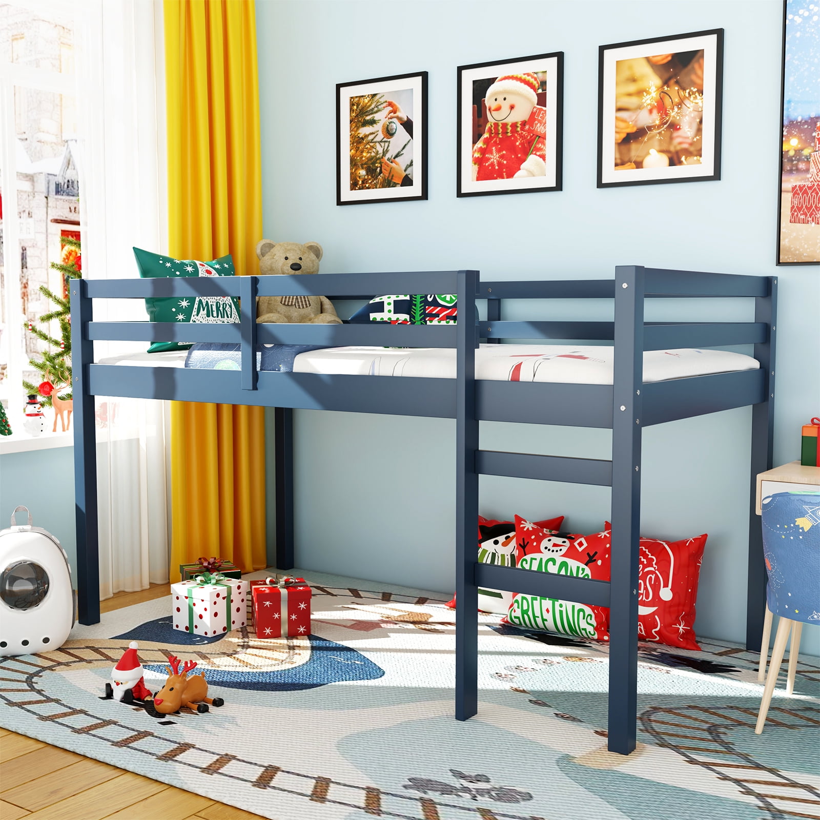Miniyam Wood Twin Size Loft Bed for Kids, Space-Saving Design, Blue
