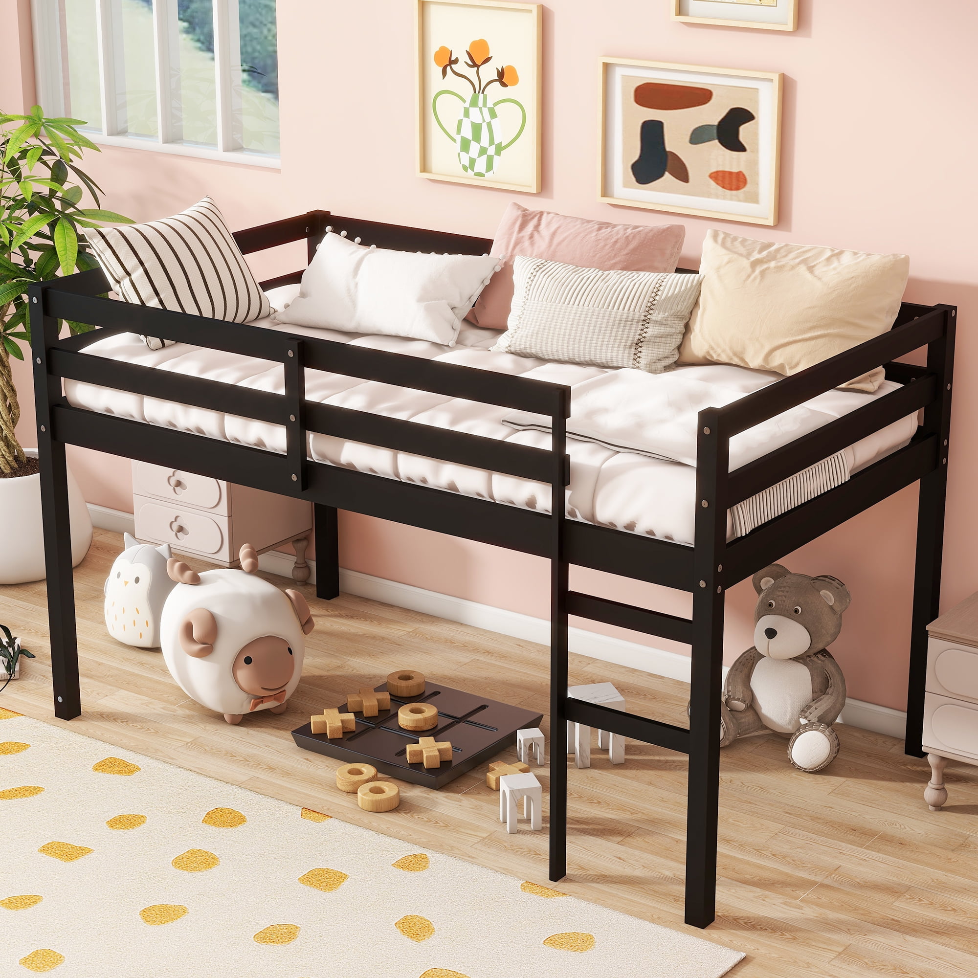 Miniyam Wood Twin Size Loft Bed for Kids, SpaceSaving Design, Charcoal