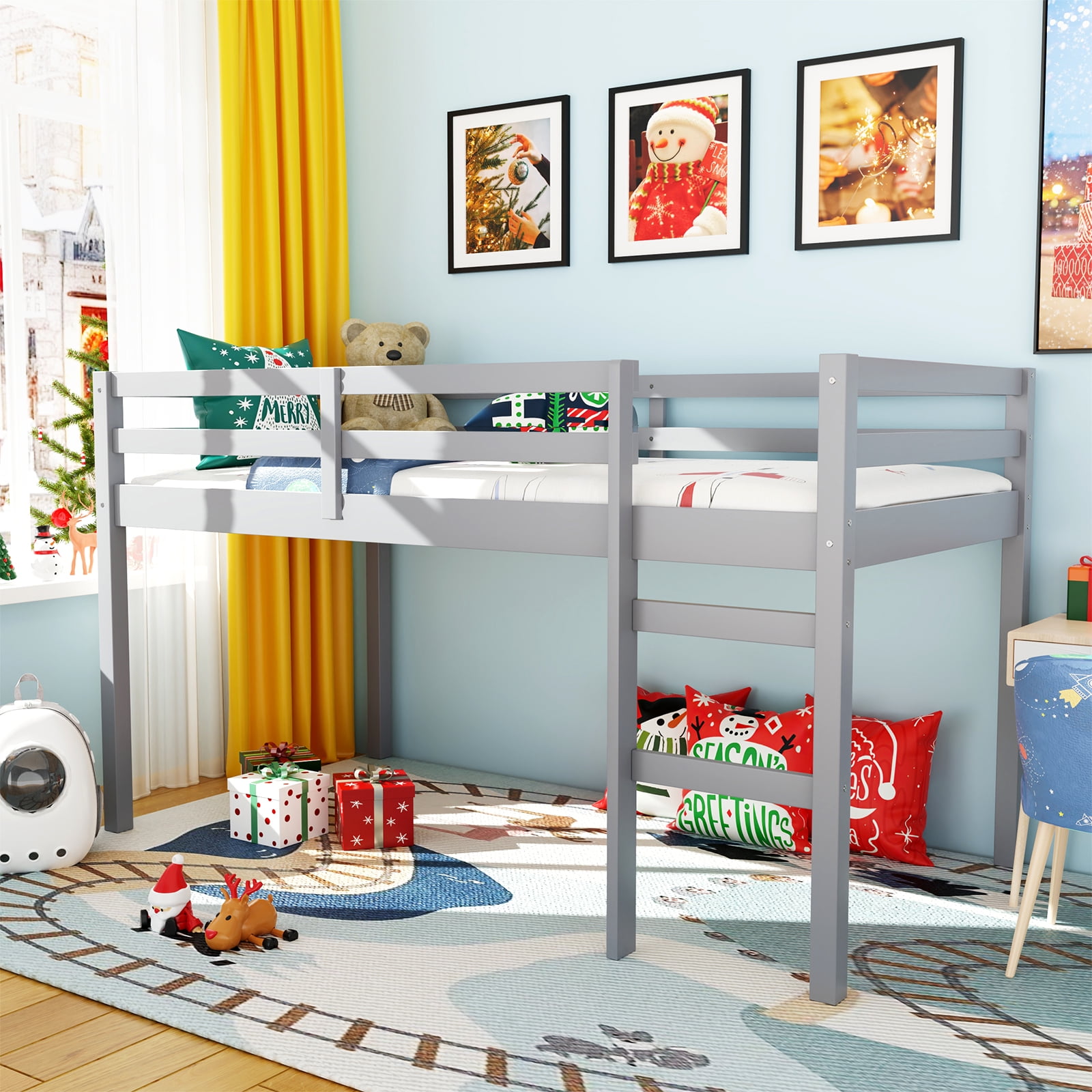 Miniyam Wood Twin Size Loft Bed for Kids, Space-Saving Design, Gray