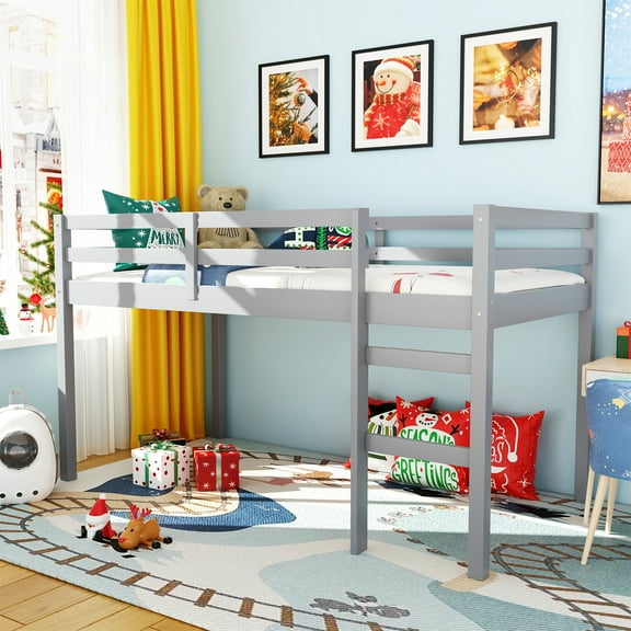 Miniyam Wood Twin Size Loft Bed for Kids, Space-Saving Design, Gray