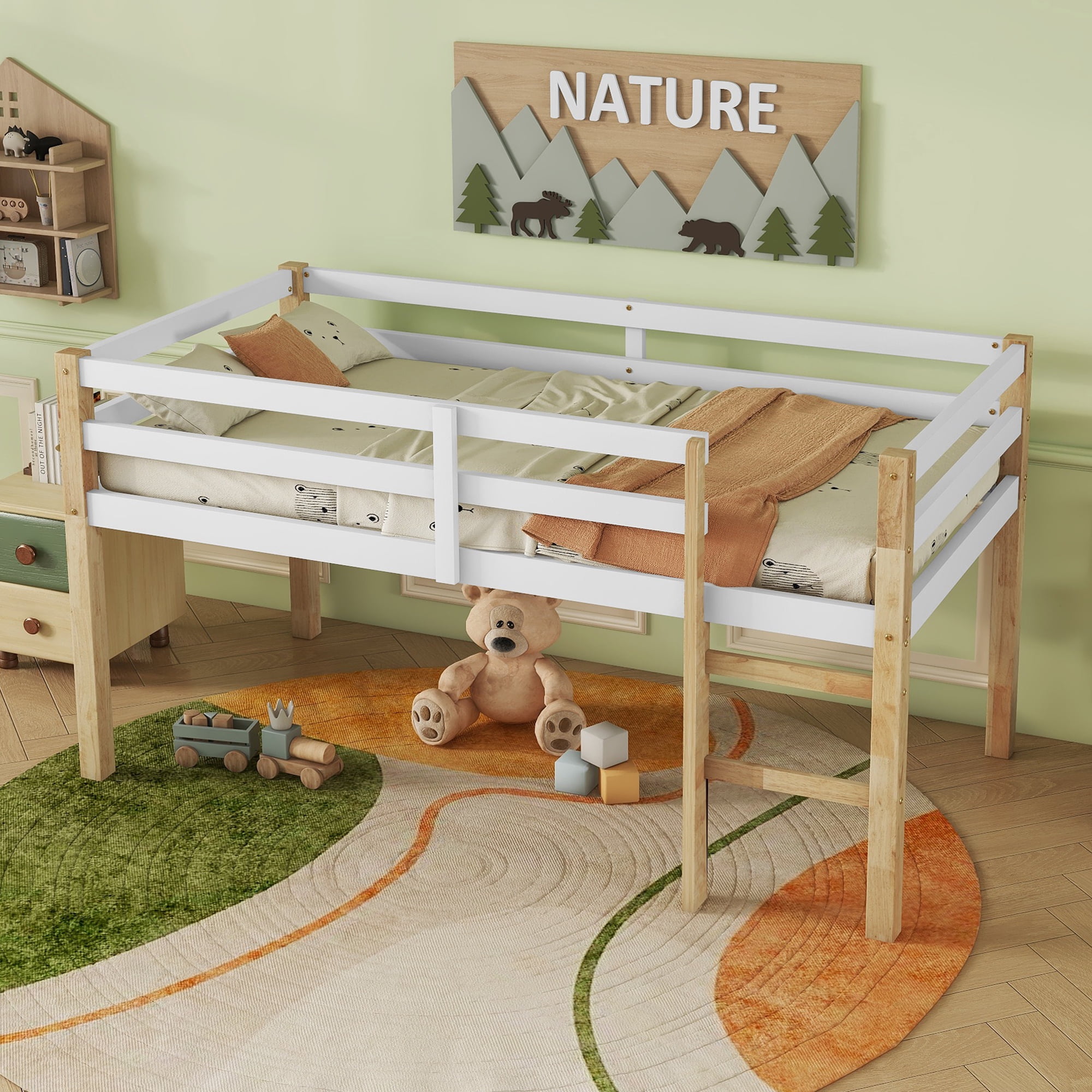Miniyam Wood Twin Size Loft Bed for Kids, Space-Saving Design, Natural