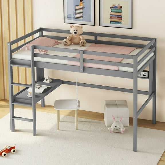 Miniyam Wood Twin Size Loft Bed with Built-in Desk, Shelf for Kids, Pale Gray