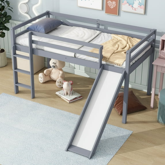 Miniyam Wood Twin Size Loft Bed with Slide, Ladder, Guardrails for Kids, Gray