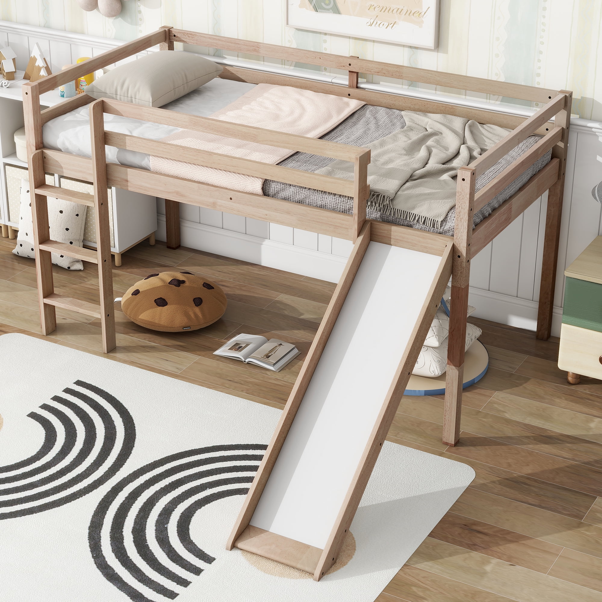 Miniyam Wood Twin Size Loft Bed with Slide, Ladder, Guardrails for Kids, Oak